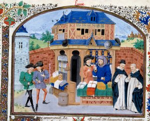 貿易：商人の店。ニコラ・オレスム（1325-1382）が翻訳したギリシャの哲学者アリストテレス（紀元前383-322）の「倫理学の解説」の写本からのミニチュア。