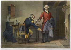 アーノルドの軌跡 - 独立戦争またはアメリカ独立戦争(1775-1783) - ベネディクト・アーノルド(1741-1801)は、1780年9月21日に行われたジョン・アンドレ少佐(1750-1780)との会合で、ウェストポイントの計画をブーツに隠すよう説得することに成功した。 作： Unknown artist