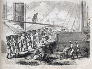 ジャマイカ・キングストンでの石炭輸送 - ジャマイカ・キングストンでの石炭積み込み - 1866年 "The Illustrous Universe "からのエングレーヴィング 作： Unknown artist