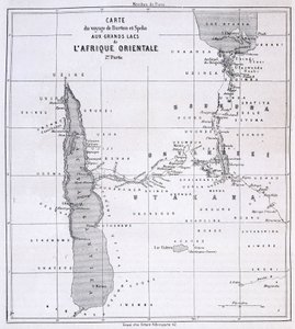 イギリスの探検家リチャード・フランシス・バートン（1821-1890）と東アフリカの五大湖へのスペーク（1857-59年）の旅行地図 - トゥール・デュ・モンドにて 作： Unknown artist