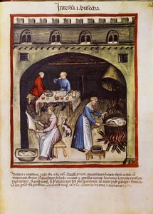 薬を扱う。「動物の腸や内臓を調理する」。Tacuinum sanitatis」（Cod.ser.nov.2644）からの引用ページ 1400年頃 ウィーン、オスタライシュ国立聖書館 作： Unknown artist