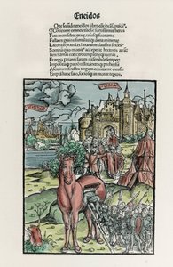 トロイの木馬：ギリシャの戦士たちは、城壁を越えたところで馬を置いていく。エネイドXylography by Sebastian Brant.ストラスブール 作： Unknown artist
