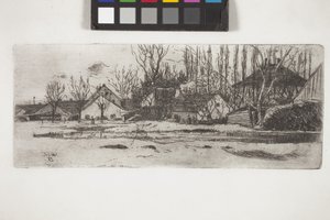 ポプラの路地のある村の前のプール（エッチング） 作： Unknown artist