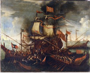 ヴェネチア船に接近するトルコのガレー船。17世紀の絵画。 作： Unknown artist