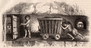 英国の炭鉱でトロリーを押す2人の子供、3人目、トラッパーがドアを開ける 作： Unknown