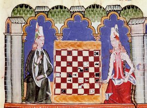 チェスをする二人の女性。賢者アルフォンソ10世（スペイン語ではAlfonso X el Sabio）の手稿「Libro de los juegos」のミニチュア。 作： Unknown artist