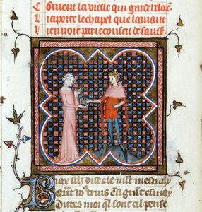 「若い男と老婆」ギヨーム・ド・ロリス（1200年～1238年頃）とジャン・ド・メン（メウン）（1240年～1305年）による写本「薔薇のロマン」の照明付きページ、1353年頃スイスジュネーブ図書館 作： Unknown artist