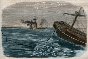 水中の電信線。海底ケーブル（サブマリン）を敷設する様子 1857年のエングレービング 作： Unknown artist