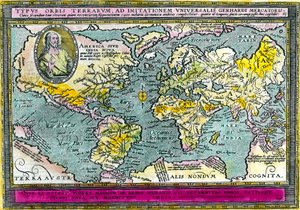 1596年のユニバーサル・ジオグラフィック・マップ（世界地図）。エングレーヴィング。個人蔵。 作： Unknown artist