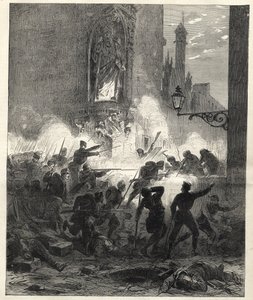 カタルーニャでの共和党による蜂起：1869年9月25日から26日の夜にバルセロナで戦闘 - Sexenio Democratico（6年間の民主主義） - フランシスコ・セラノス将軍の支配下にあるスペイン 1869-1870 - カタルーニャでの共和党の反乱：バル 作： Unknown artist
