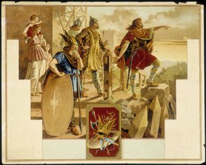 ガリア人、戦士、女性、子供に囲まれたVercingétorix - Chromolithography 作： Unknown artist