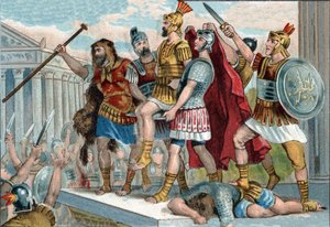 ヴェスパシアヌス（ラテン語でTitus Flavius Vespasianus）（9-79）は、兵士たちによって皇帝を宣言した。1890年頃のクロモリトグラフ。 作： Unknown artist