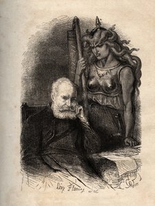 戦争の女神と一緒に座っているヴィクトル・ユーゴー - 包囲網と彼のそうを失ったトラウマを扱った一連の詩である「恐ろしい年」("The Terrible Year")のエングレーヴィング - Victor Hugo, haante par la goddess de la guerre "L