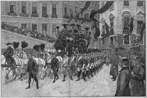 1889年のウィーン。ロドルフ皇太子（ハプスブルク家のロドルフ大公（1858 - 1889）、オーストリアの皇太子）の葬儀。フランス大使館前での行列。 作： Unknown artist