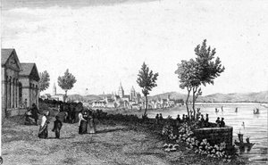 1830年頃のドイツ・マインツとライン川の風景。 作： Unknown artist