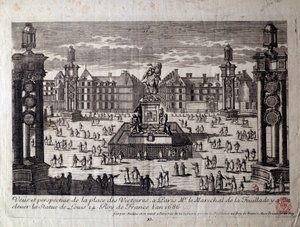 1686年にマレシャル・ド・ラ・フォイヤードが掲げたルイ14世の像があるパリのヴィクトワール広場の風景。17世紀のパリのエングレーヴィング、カルナヴァレ美術館