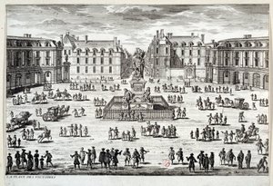 1686年にマレシャル・ド・ラ・フォイヤードが掲げたルイ14世の像があるパリのヴィクトワール広場の風景。17世紀のパリのエングレーヴィング、カルナヴァレ美術館 作： Unknown artist