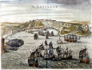 1549年に設立されたブラジルの首都、バイーアと呼ばれていたサルバドールの眺め - 16世紀のエングレーヴィング