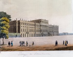 オーストリア、ウィーンのシェーンブルン宮殿（Schoenbrunn）の眺め。1826年のエングレーヴィング 個人蔵 作： Unknown artist
