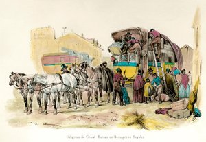アンヌ・ロベール・テュルゴー（1727-1781）が設立した大事務局（ロイヤル・メッセンジャー）の勤勉さを示す図で、乗客の荷物の積み込みを行っている。19世紀のエングレーヴィング 個人蔵 作： Unknown artist