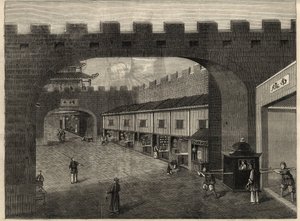 中国、広州の城壁内の通りの様子。1857年2月14日の「The Illustrated London News」に掲載された版画。 作： Unknown artist