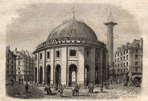 パリのハレ・オ・ブレ（1763～1769年に建設）とメディチ家の円柱の眺め、19世紀初頭の彫刻 - パリの小麦とトウモロコシの取引所（1763～1769年に建設）、19世紀初頭の彫刻 - 現在のホテル・ド・ソワソに置かれたハレ・オ・ブレの眺め