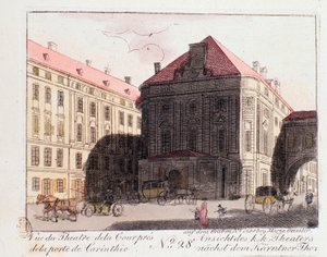 1824年7月5日にベートーヴェンの交響曲第9番が初演された、ウィーンのカリンシア門近くの宮廷劇場（Karntnertortheater or Theater am Karntnertor）の様子。オーストリア1815年のエングレーヴィング 個人蔵 作： Unknown artist