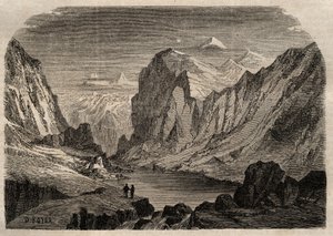 19世紀のスイスのダボスの風景 - 1864年の「Dictionnaire populaire illustrious」に掲載された彫刻 - Joseph DecembreとEdmond Allonierによるもの。