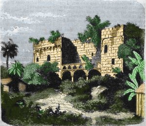 クリストファー・コロンブスが息子のディエゴ・コロンブス（ディエゴ・コロン・イ・モニーツ）（1480-1526）のためにサント・ドミンゴ島に建てた家「アルカサル・デ・コロン」の眺め。19世紀のエングレーヴィング。 作： Unknown artist
