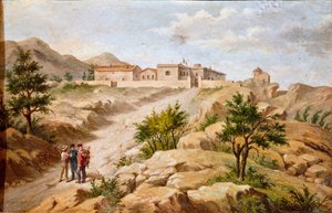 イタリアの愛国者でリソルジメントの英雄ジュゼッペ・ガリバルディ（1807-1882）の家の風景 カプレラ（サルデーニャ島） ガリバルディは画面左の2人の農民と一緒にいる。19世紀の匿名の絵画 ローマ リソルジメント博物館 作： Unknown artist