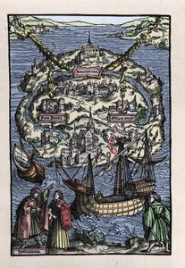 トマス・モア（1478-1535）の著書「De optmo republicae statu deque nova insula Utopia」からのユートピア島（Utopia）の眺め。ヨハン・フローベンによる版画。1518. 作： Unknown artist