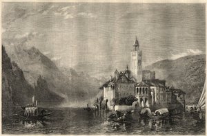 イタリアのオルタ湖（クーシオ湖）に浮かぶサン・ジュール島（サン・ジュリオ島）の修道院マーテル・エクレシアエの眺め。ウィリアム・コリングウッド・スミス(1815-1887)の絵画に基づくエングレーヴィング。3月22日の「The Illustrated London News」では 作： Unknown artist