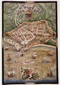 1583年のル・アーヴル港の風景 - 海軍水先案内人ジャック・デルヴォーがド・ジョワイユ提督に捧げた照明付き写本より 作： Unknown artist