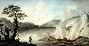 高温の噴煙と硫黄ガスが噴出する火山地形、ソルファターレの眺め。ナポリ近郊のポッツオーリ。19世紀の作品。 作： Unknown artist