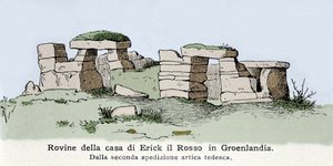 バイキング：グリーンランドのノルウェー人エリック・ル・ルージュ（Erik Le Rouge）（940または950～1003または1010）の家の跡の風景。19世紀のイラスト 作： Unknown artist