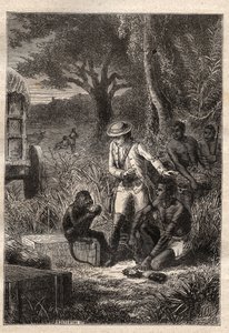 フランソワ・レヴァヤン（ル・ヴァイアン）（1753-1824）の「カフレリー（南アフリカ）の旅」（1781年）。果実や根を食べられるかどうか確かめるために味見をするレヴィアンと猿の味覚分析官メイトレ・キース - 図版は「Les Gra