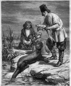 アルフォンス・ルイ・ピナールの北米・アラスカ航海記-アラスカでの狩猟と釣り-1884年の「Journal des Voyages」に掲載された版画 作： Unknown artist