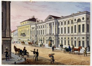 Hotel des Postes de Saint Petersburg (Album de Marie Taglioni) の外観 (サンクトペテルブルクの Post Hotel (Marie Taglioni のアルバム)。匿名のエッチングと水彩画、1840 年代。モスクワ、A.S. プーシキン州立博物館。 作： Unknown artist