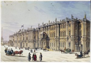 サンクトペテルブルクの冬宮殿の眺め (マリー・タリオーニのアルバム). 匿名のエッチングと水彩画, 1840年代. モスクワ, Museum State Museum of A.S. Pushkin. 作： Unknown artist