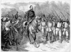 エジプト戦争-アラビ・パシャの使者が英国と戦うために部族に兵士を募る-アラビ・パシャ（オラビ・パシャ、アフメッド・ウラビ）（1841-1911）と1882年の彼の部隊 作： Unknown artist