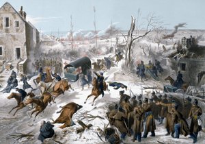 1870年のフランスとプロイセンの戦争。1871年1月2日と3日にパ・ド・カレーで行われたバポームの戦いで、ファイドゥルベ将軍率いる北方軍がプロイセン軍に勝利した際の赤十字 作： Unknown artist