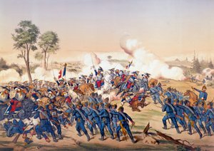 1870年の戦争：ドイツの勝利をもたらした1870年08月06日のフローシュウィラー・ワース（Froeschwiller-Woerth）の戦いにおける戦艦の突撃 - 1870年のリトグラフ。パリ、オランダ 作： Unknown artist
