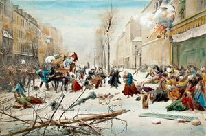 1870年の戦争：1870年のパリ包囲戦、プロイセンによる砲撃。雪の下で爆撃を受けた地域を離れるパリの住民たち。19世紀の水彩画。パリ、アルミー美術館 作： Unknown artist