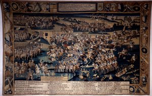 宗教の戦争"ジャルナックの戦い、ブルボン公ルイ1世の死（ブルボン＝コンデ）（1530-1569）" 1569年3月13日、コンデ公のプロテスタント軍と、アンジュー公が指揮するフランス王の軍とが対立する。タペストリー 作： Unknown artist