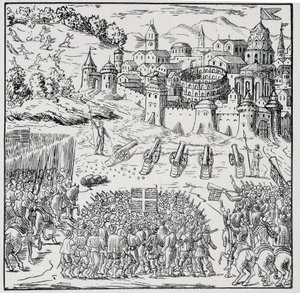 宗教戦争。1576年に国王（アンリ3世）の軍隊に包囲されたニームの街-「1562年から1586年までのフランスの災難を表す39の図版集」（ルイ・ペラン出版）に掲載。 作： Unknown artist