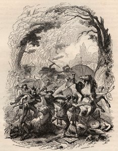 ガリア人の戦争。ベルギー人のエブルン人とローマ軍との間で行われたAduatucaの戦い。紀元前54年、Quintus Titurius SabinusとLucius Aurunculeius Cottaを破る。1868年に出版された「Histoire de Belgique from the primitive times to the end of the world」に掲載されている図版。 作： Unknown artist
