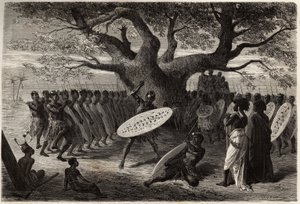 ランディネス（caffres-zulus）と呼ばれるセナ族（モザンビークのザンベーズ川流域）の戦士の体操。1840年から1856年にかけて行われたリビングストン博士の南部アフリカへの最初の航海を説明するためのエングレーヴィング。 作： Unknown artist