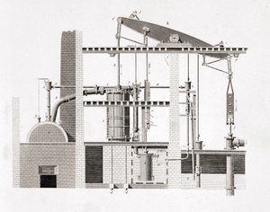 ワットの蒸気機関。スキーマ。19世紀のエングレービング