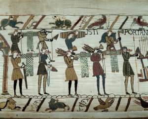 1066年、征服王ウィリアム（1027-1087）の艦隊がイングランドを征服するための燃料補給で、武器やワインが船に運ばれてくる バイユーのタペストリーまたはマチルド王妃の刺繍の詳細 作： Unknown artist