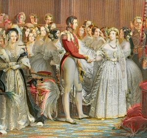 1840年2月10日、ロンドンのセント・ジェームズ宮殿で行われたヴィクトリア女王とザクセン・コーボーグ・ゴータ家のアルバート王子の結婚式（エングレーヴィング 作： Unknown artist